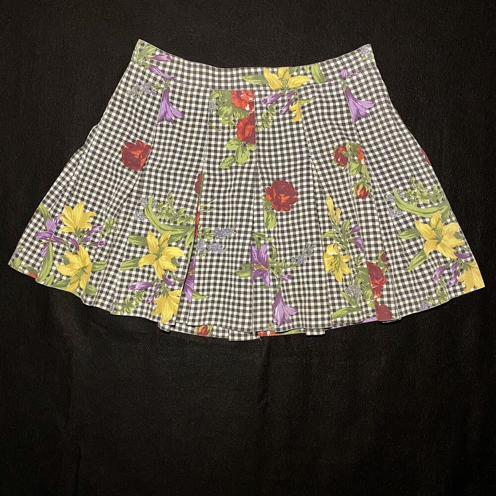 Vintage Darlyn Plaid Gingham Floral Pleated Skirt Grandma Core